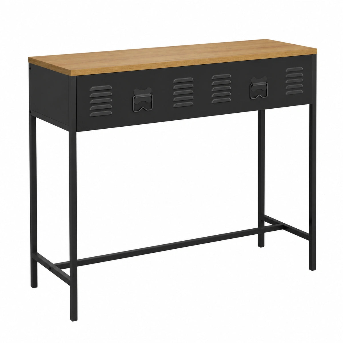 IDMarket – Consola Industrial Negra de Metal con 1 Cajón y Bandeja de Madera