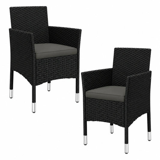 Conjunto de 2 Sillones de Ratán y Acero para Jardín, Resistentes al Clima, con Cojines Desenfundables (Negro/Gris)