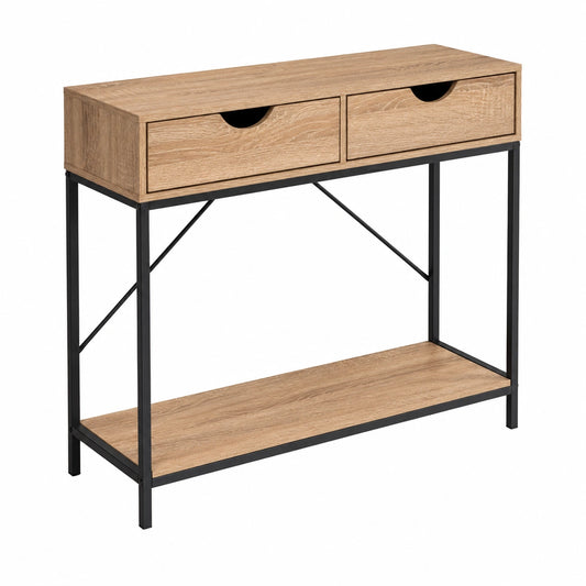 Consola Industrial con 2 Cajones y Estante, Madera y Metal Negro, 80x75x30 cm
