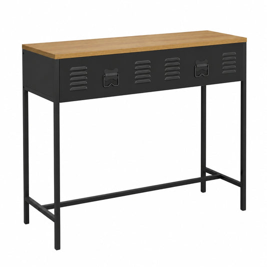 IDMarket – Consola Industrial Negra de Metal con 1 Cajón y Bandeja de Madera