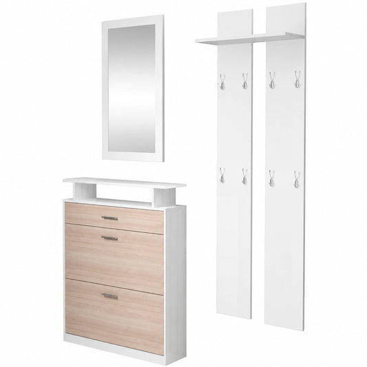 Conjunto de Entrada Moderno con Zapatero, Espejo, Perchero y Luz LED en Blanco y Sonoma