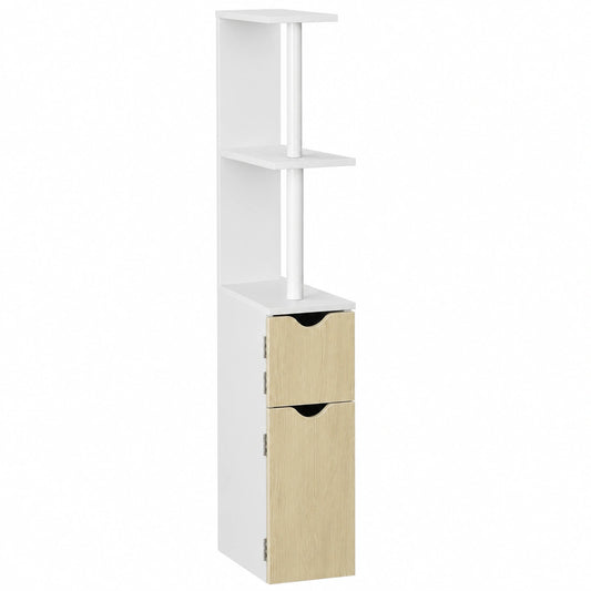 Armario de Baño Moderno con Puertas y Estantes, Blanco y Natural, 15,2x29,8x118 cm