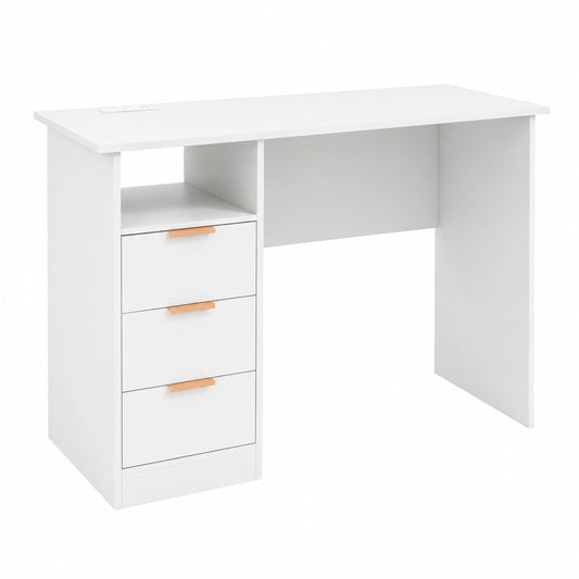 Escritorio de Oficina Blanco con 3 Cajones y Compartimento, Mesa de Trabajo con Carga Integrada, 108x48x76 cm