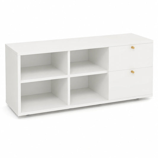 Mueble TV Blanco con Almacenamiento, Moderna Consola con Cajones y Compartimentos