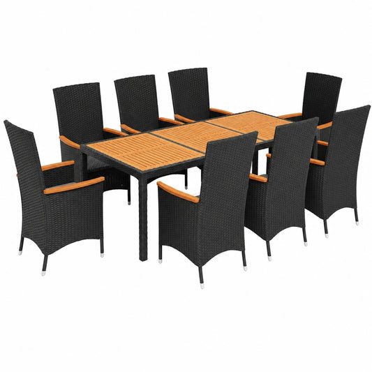 Conjunto de Muebles de Jardín para Exterior, Mesa con 8 Sillas y Cojines de 7 cm, Sillas Reclinables y Reposapiés, Resistente de Poliratán y Madera de Acacia